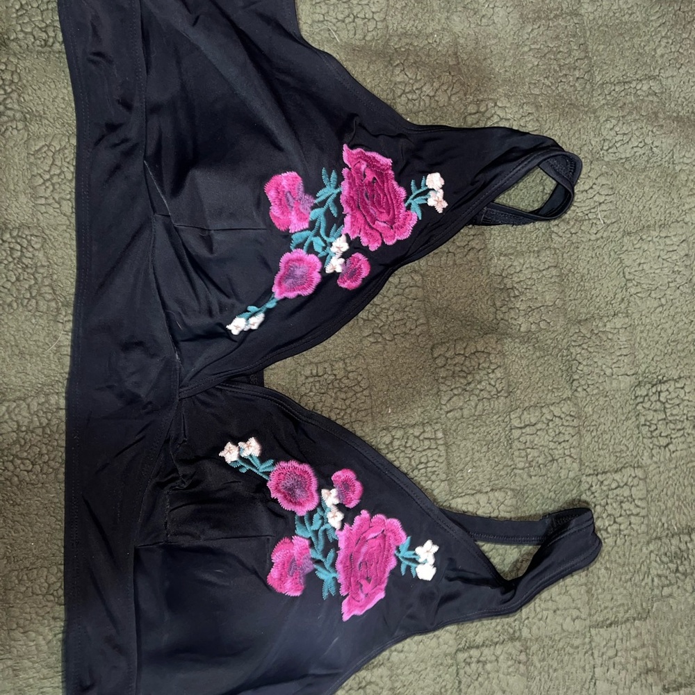Floral Embroidered Black Bikini Top